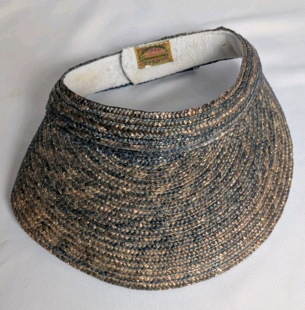 Scala Kara Womens Braided Straw Visor with 5" Peak Adjustable One Size Blue Tan
